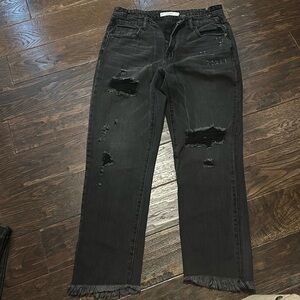 Hidden straight leg distressed black denim jeans